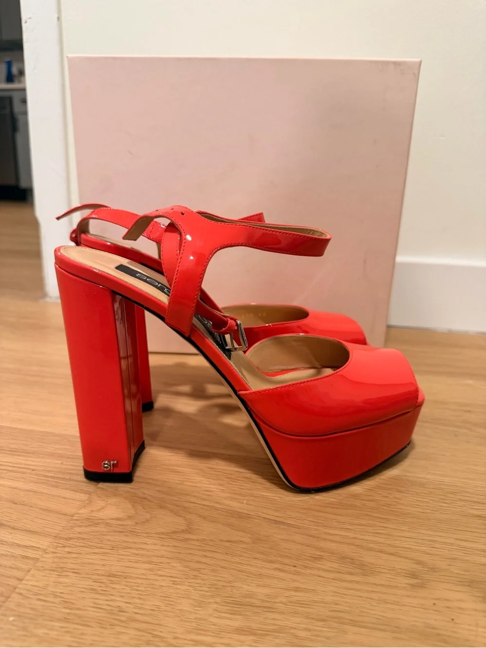Sergio Rossi Coral Patent Platform Peep-Toe Sandals